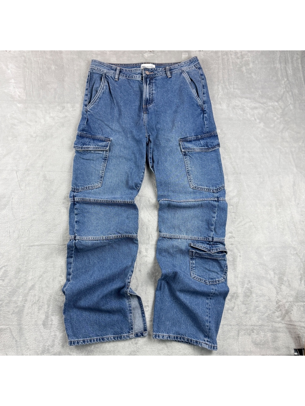 Zara Blue Denim Cargo Jeans Baggy Utility Multi Pocket Y2K Wide Leg 32x32 Skater